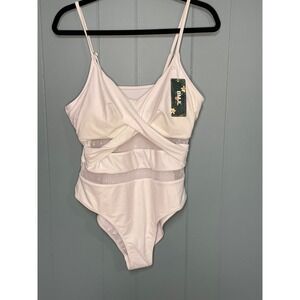 BMJL Womens White Twist Front Mesh One Piece Swimsuit Size‎ L